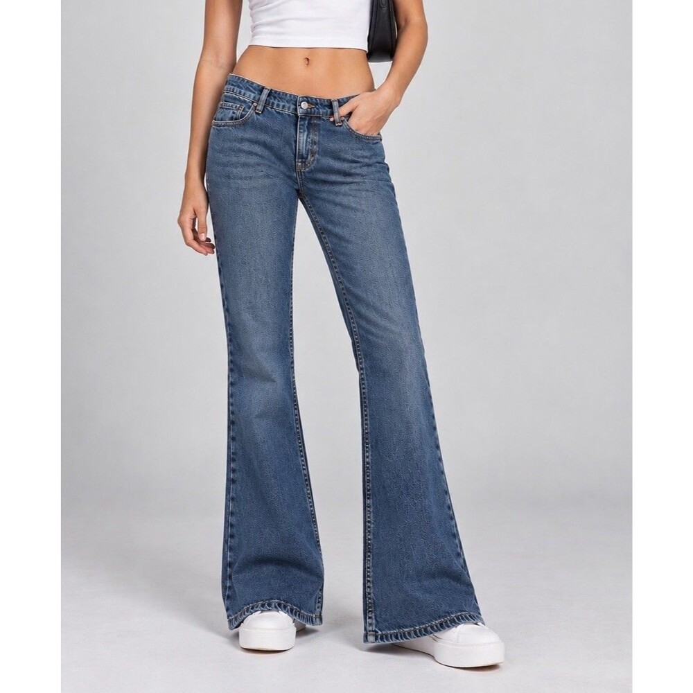 Motel Rocks Low Rise Rigid Flare Jeans Women W30 L30 Mid Blue Denim Y2K Style